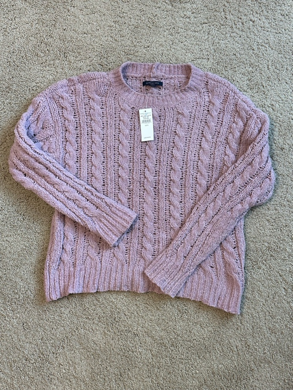 American Eagle Outfitters Soft Pink Cable-Knit Crew Sweater